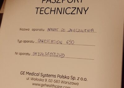 Paszport techniczny Aparat do znieczulania GE ANESTHESIA SYSTEMS